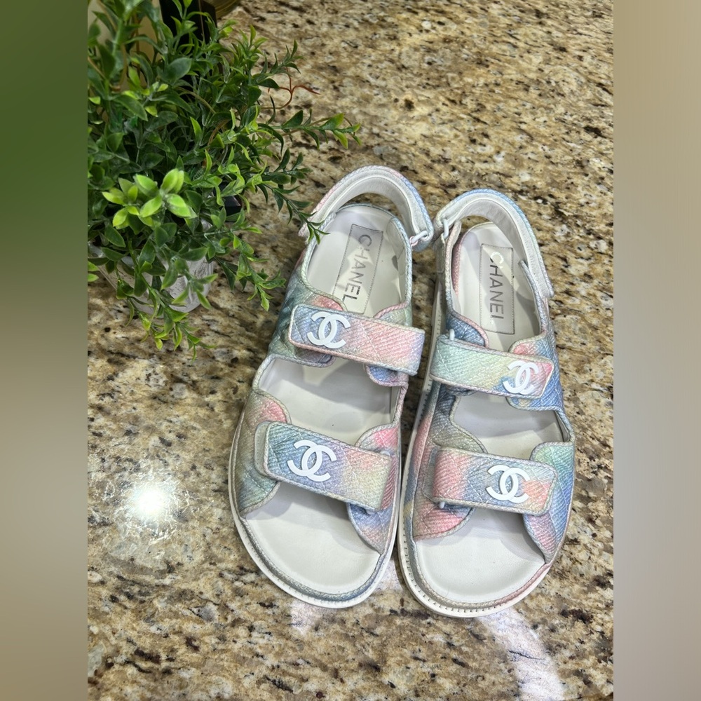 CHANEL Multicolor Rainbow Canvas Dad Slingback Sandals 40